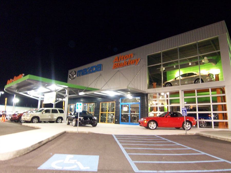 Alton Blakley Mazda dealership lit up at night